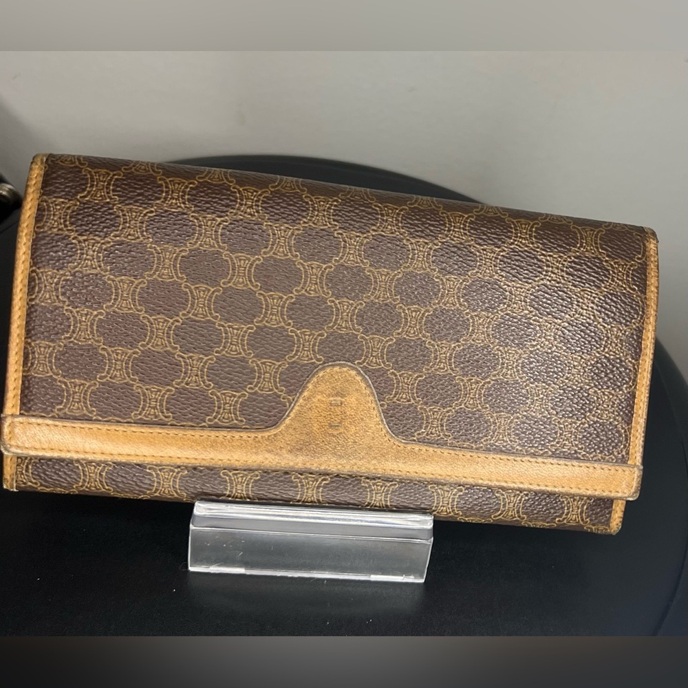 Vintage Celine Macadam Continental Wallet Brown Triomphe Leather Trim